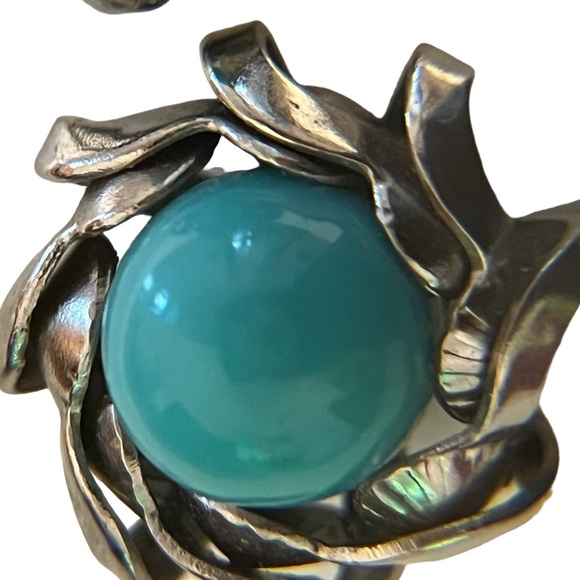 Vintage Silver Tone Clip On Earrings with Turquoise Cabochon - Picture 3 of 8